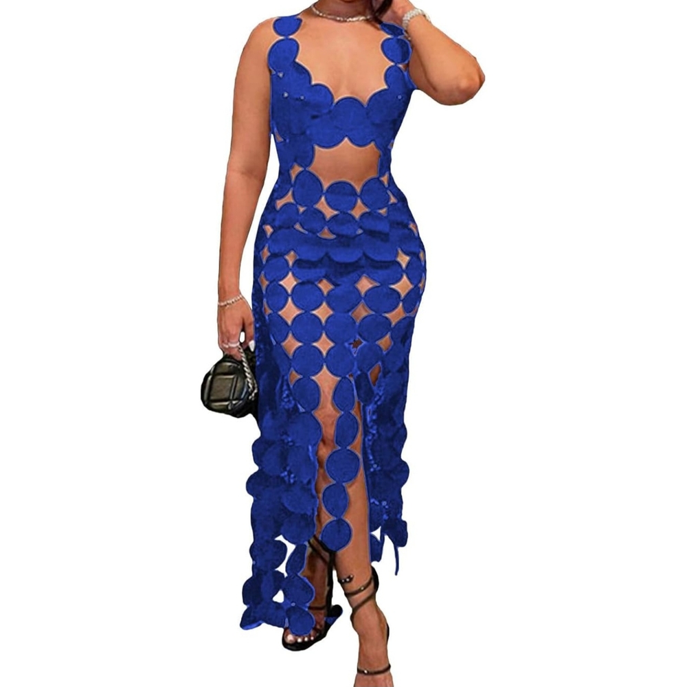 *Womens Hollow Sleeveless Backless Cutout Fringe Bodycon Dress Top Blue Sz Large